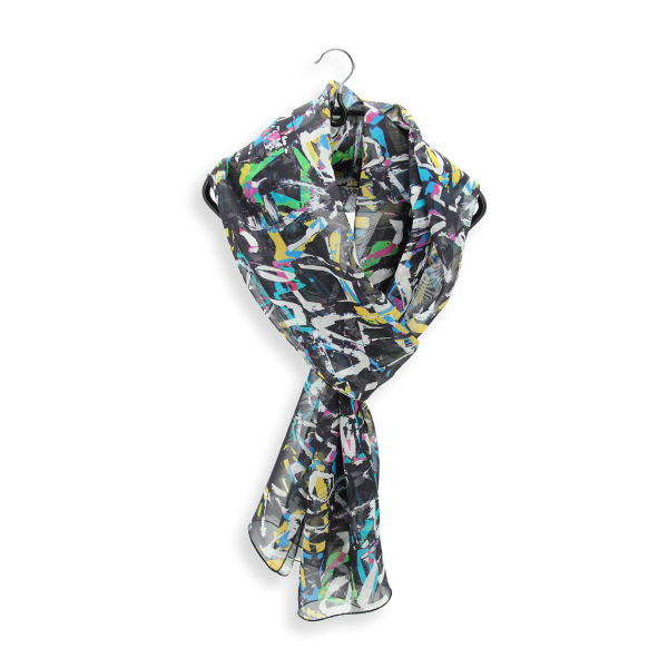 Women's-silk-scarf-black-multicolor-printed-graff