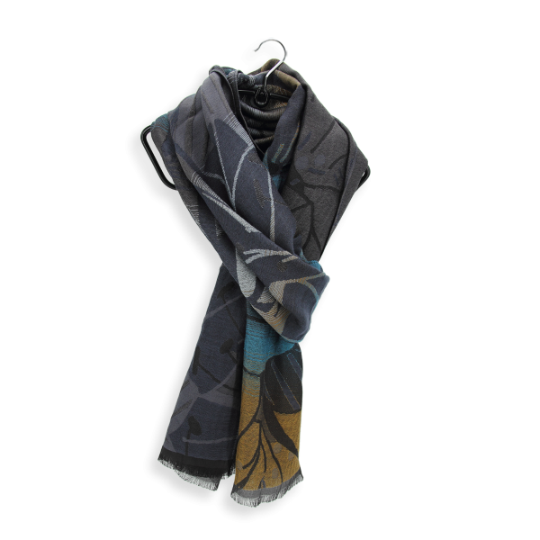 Made-in-france-Neo Floral-blue-jean's-silk-Merino-wool-stole