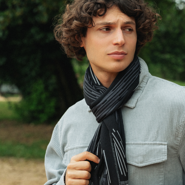 Black-Merino wool-rayon-men’s-scarf-Neon