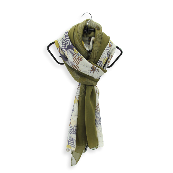 Women's-silk-duo-scarves-plain-green-printed-ecru-Valentin