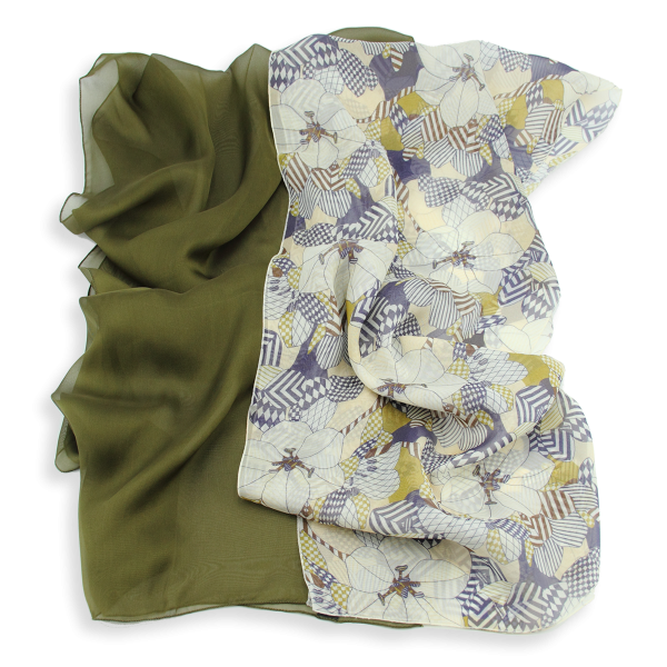 Women's-silk-duo-scarves-plain-green-printed-ecru-Valentin