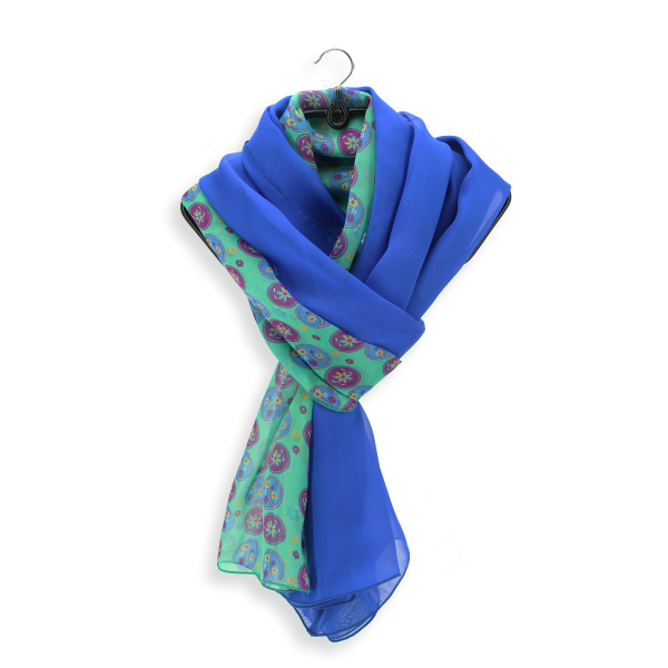 women's-matching-silk-airy scarf-printed-flowers-medaillon-green-scarf-monochrome-blue