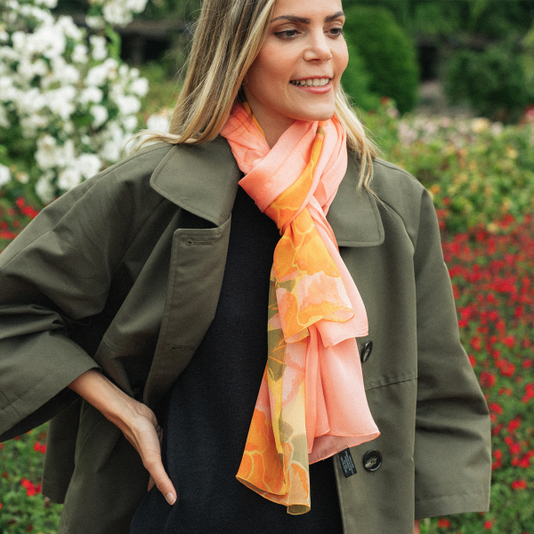 women's-matching-silk-airy scarf-printed-flowers-pivoine-yellow-scarf-monochrome-pink peach