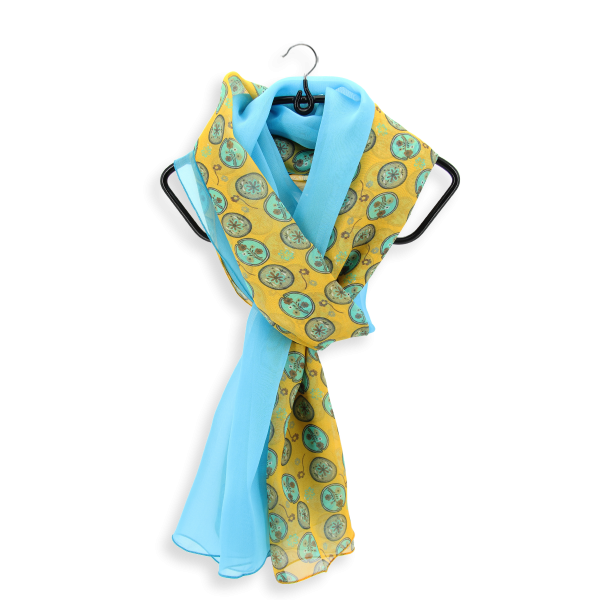 women's-matching-silk-airy scarf-printed-flowers-medaillon-yellow-scarf-monochrome-turquoise-blue