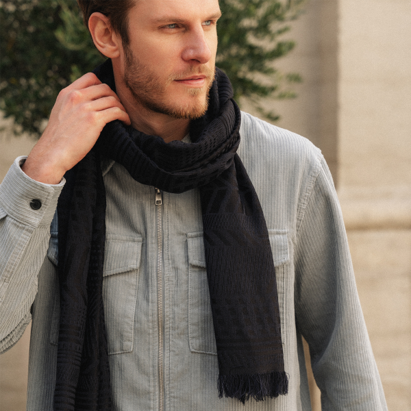 Night Blue-silk-Merino wool-men’s-scarf-Kyoto