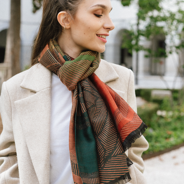 Made-in-France-orange-green-cotton-silk-Merino-wool-scarf-LYS