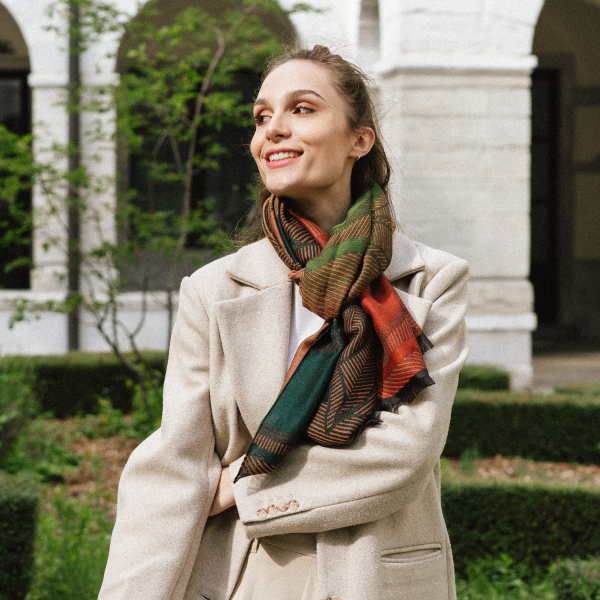 Made-in-France-orange-green-cotton-silk-Merino-wool-scarf-LYS