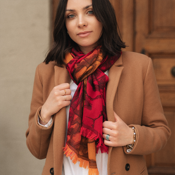 Orange-red-silk-merino wool-women's-stole-Rosae