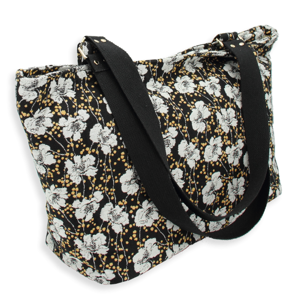 Black flower meadow cotton tote bag